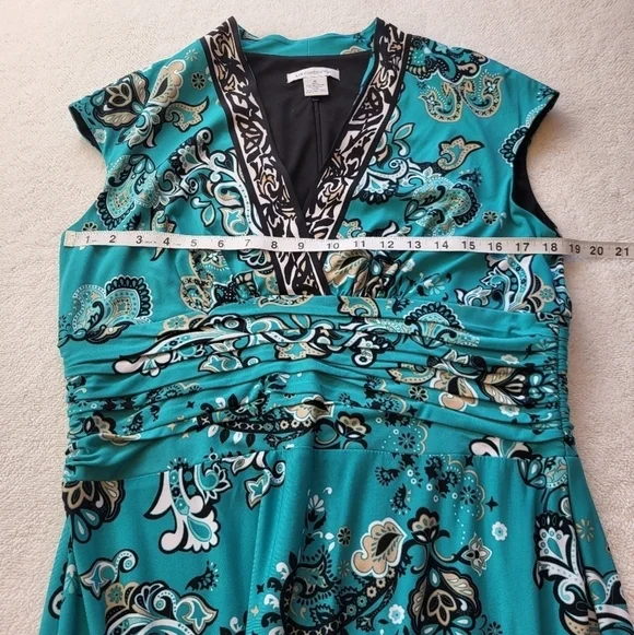 Liz Claiborne Turquoise Paisley V-Neck Dress with Layered Waist Women's Size 16 - Picture 5 of 6